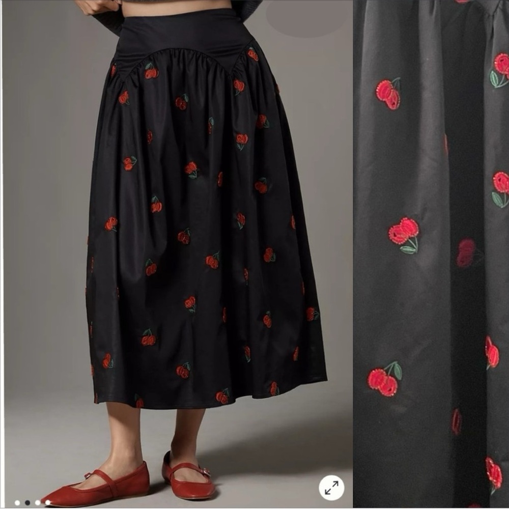 Anthropologie Avec Les Filles Beaded Embroidered Cherry Print Midi Skirt Medium